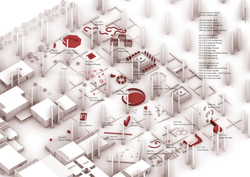 Axonometric drawing showing campus layout with labeled buildings, courtyards, and pathways highlighted in red