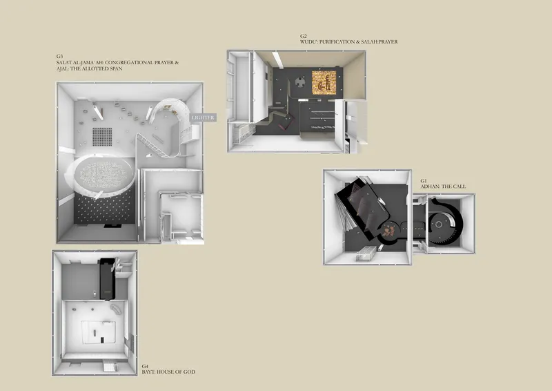 Axonometric drawing showing four separate room volumes with labeled spaces in a cutaway view