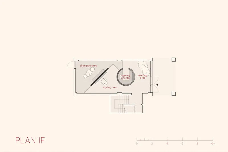 First floor plan drawing showing shampoo area, service counter, and waiting zone with stair