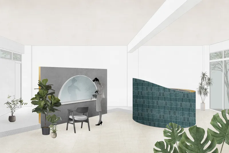 Interior rendering showing reception with tiled counter, potted plants, and a stylist assisting a client