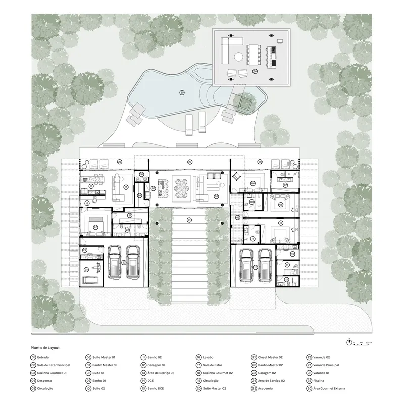 Floor plan drawing showing residential layout with central courtyard and surrounding tree canopies