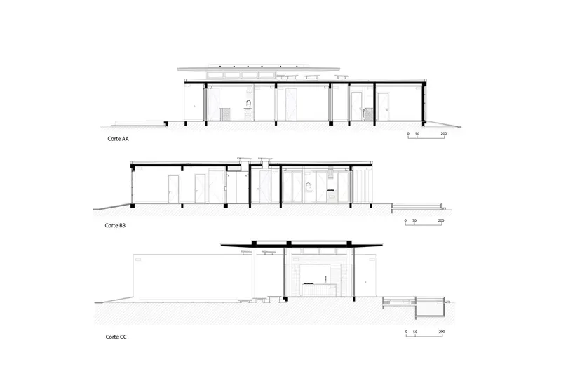 Section drawings showing three cuts through the single-story structure with flat roof and columns