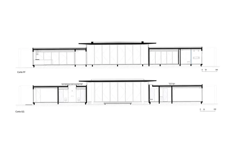 Section drawings showing the low-slung horizontal volume with flat roof and central glazed atrium