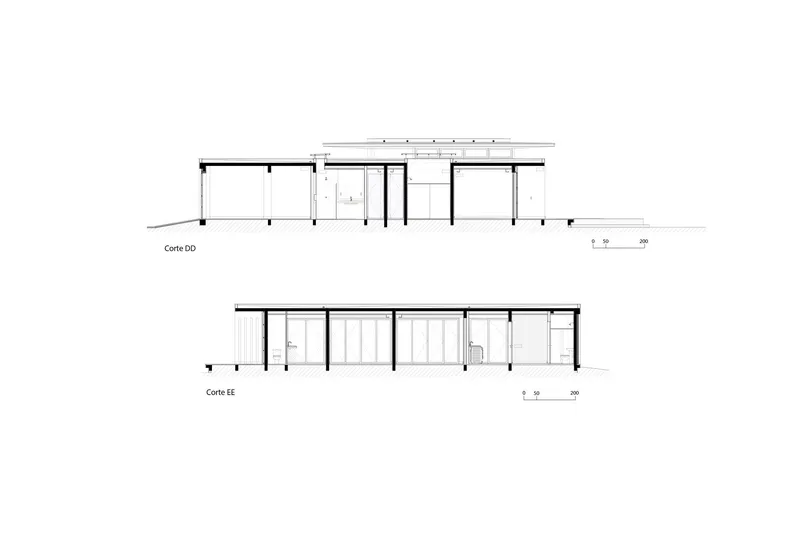 Section drawings showing two cuts through interior spaces with flat roof and glazed openings