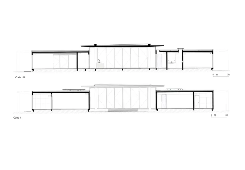 Section drawings revealing the building's split massing with a glazed central pavilion between solid volumes