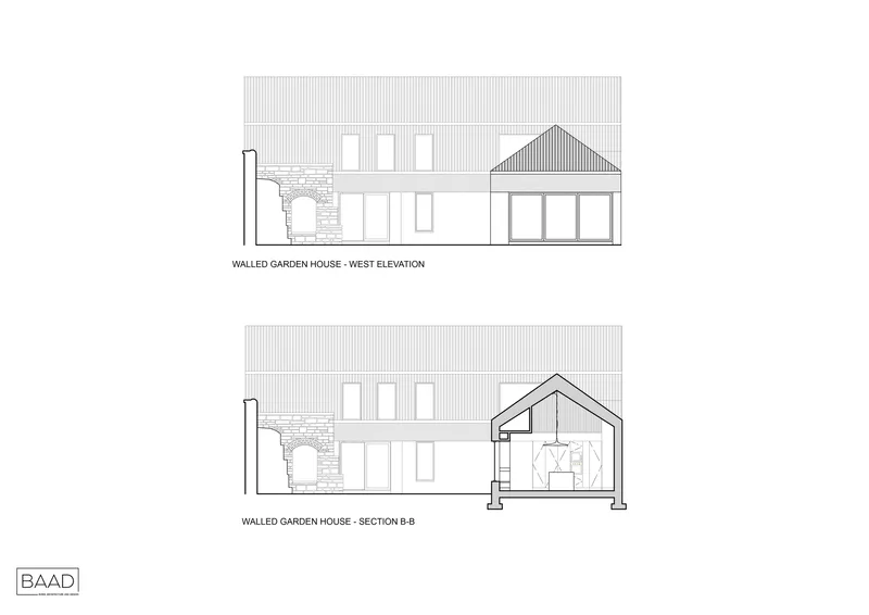 West elevation and section drawing revealing a glazed gable-roofed pavilion adjoining a corrugated-clad volume