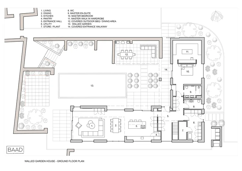 Ground floor plan drawing showing living spaces organized around a central courtyard pool with surrounding planted areas