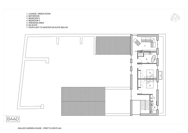 First floor plan drawing depicting bedroom suites arranged around two timber-decked rooflight voids