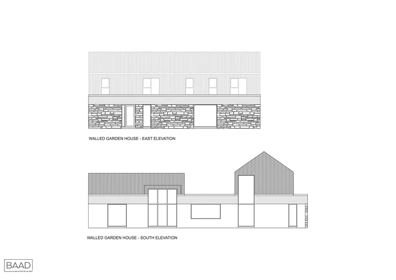 Elevation drawings showing east and south facades with stone base, vertical cladding, and pitched roof volumes