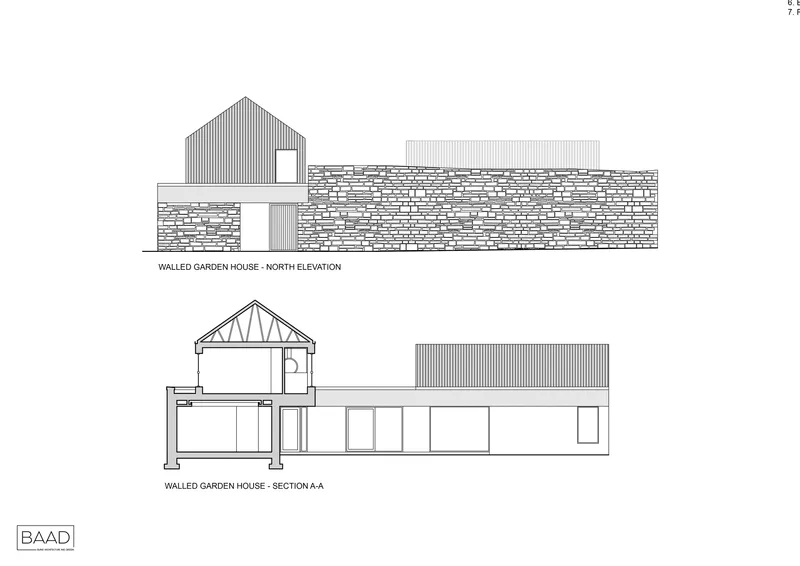 North elevation and section drawing showing a gabled volume rising from a low horizontal stone wall