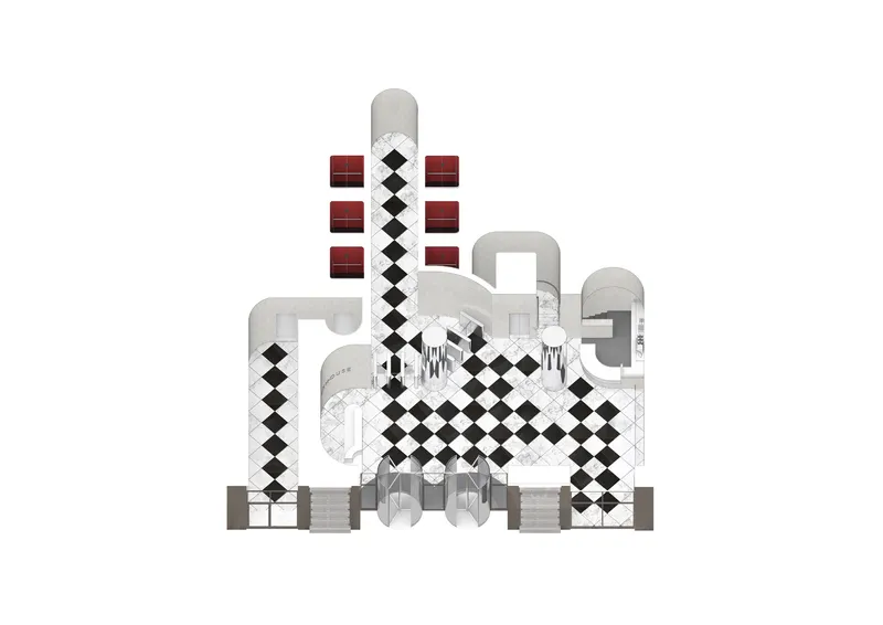 Plan drawing showing a symmetrical composition with chequered flooring and radiating curved volumes above entry arches
