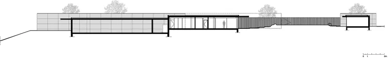 Elevation drawing depicting the horizontal building profile with flat roof overhangs and trees in silhouette