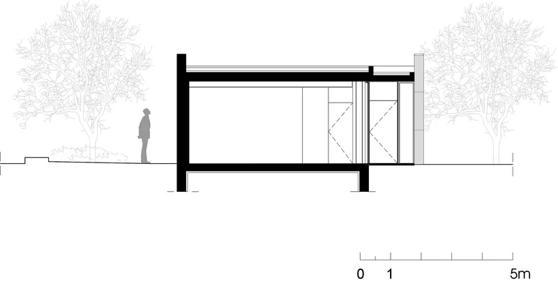 Section drawing showing interior volumes with a figure for scale and trees flanking the structure