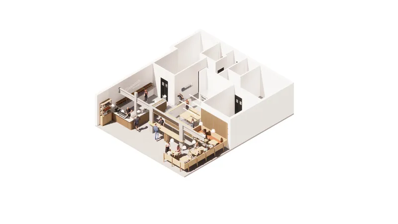 Axonometric cutaway drawing showing the interior spatial arrangement with figures at work stations