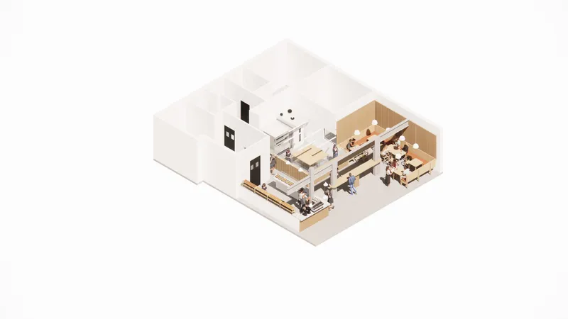 Isometric view showing the timber-clad service zone and seating area with people throughout the space