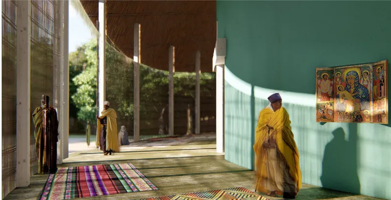 Natural ventilation, bamboo screens, and soft daylight define the contemplative circulation spaces surrounding the chapel interior.