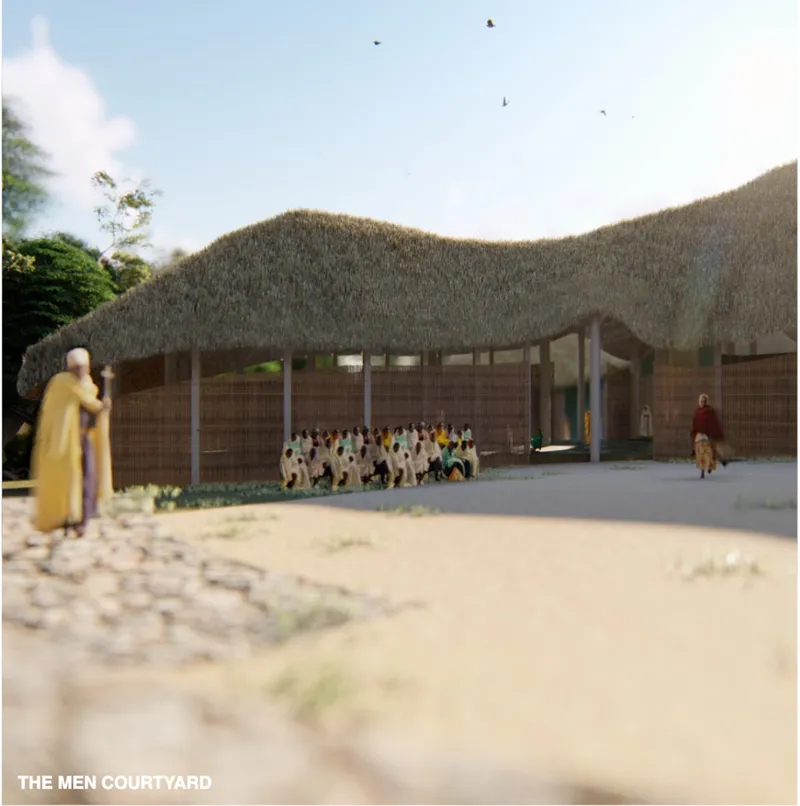 A shaded communal courtyard designed to encourage prayer, gathering, and interaction within the protected urban forest environment.