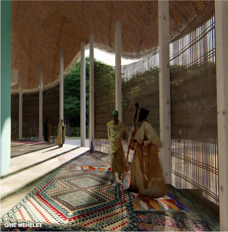 Transparent bamboo façades and organic roof forms create a climate-responsive spiritual space rooted in local building traditions.