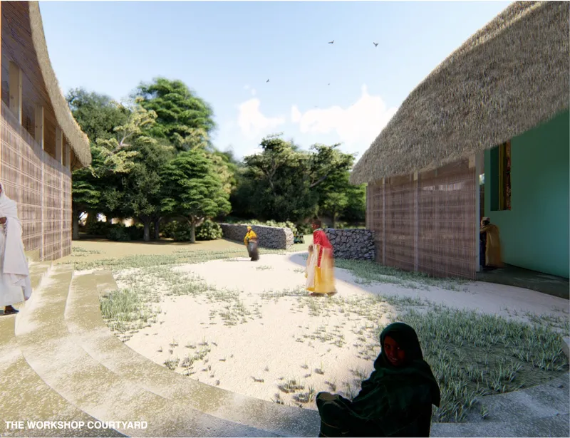 The workshop courtyard connects nature, community, and architecture through open-air circulation and shaded gathering spaces.
