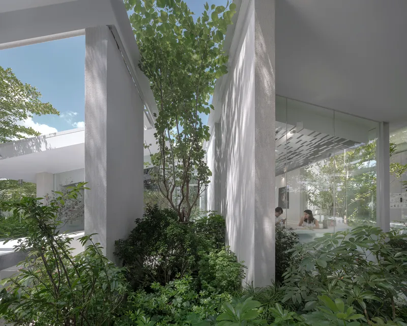 Planted courtyard with trees and shrubs between concrete columns visible through transparent facade