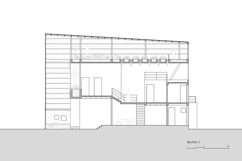 Longitudinal section drawing revealing the staggered floor levels and rooftop planting beds