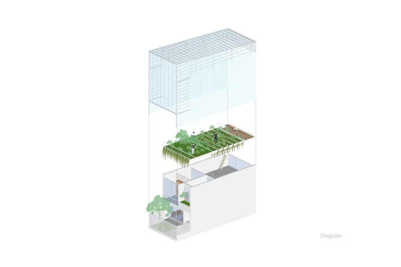 Axonometric diagram revealing stacked floors with planted green terrace and trees punctuating the vertical volume