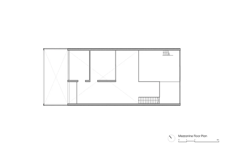 Mezzanine floor plan drawing depicting intermediate level with study rooms and internal stair connections