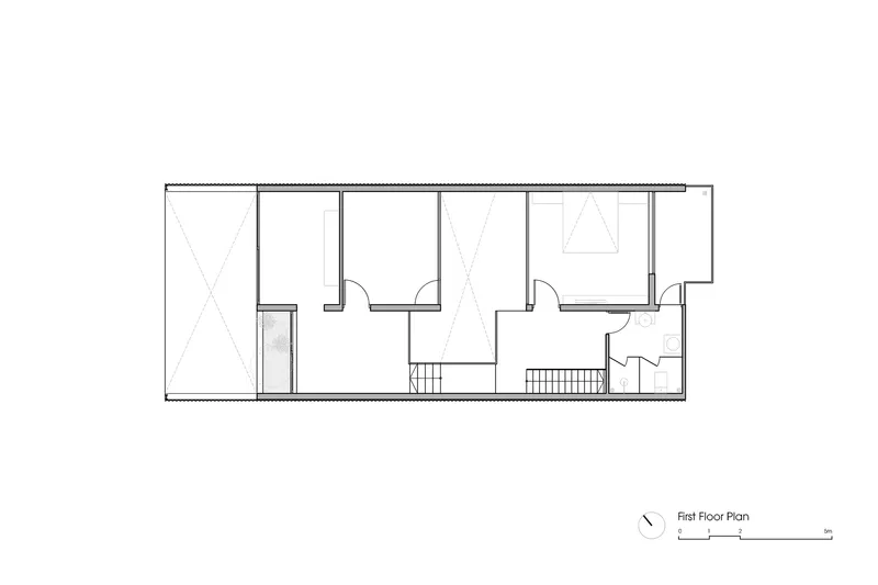 First floor plan drawing showing bedroom layout with ensuite and staircase access points