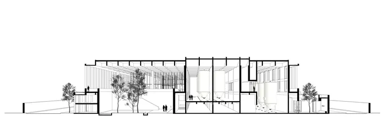 Section drawing through interior courtyards with planted trees and figures occupying layered spaces