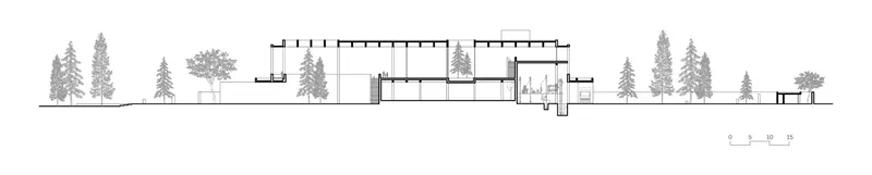 Elevation drawing of the low horizontal volume with rooftop trees nestled among surrounding evergreens