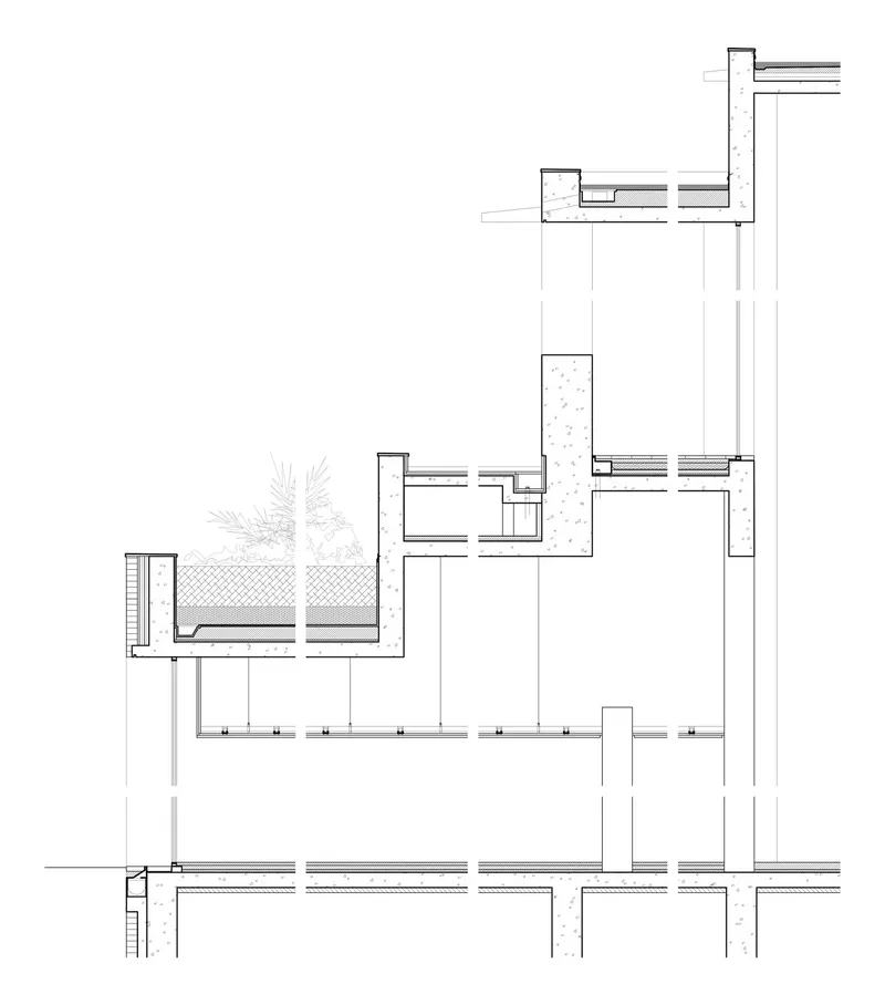 Detail section drawing showing wall assembly with courtyard planting and layered construction