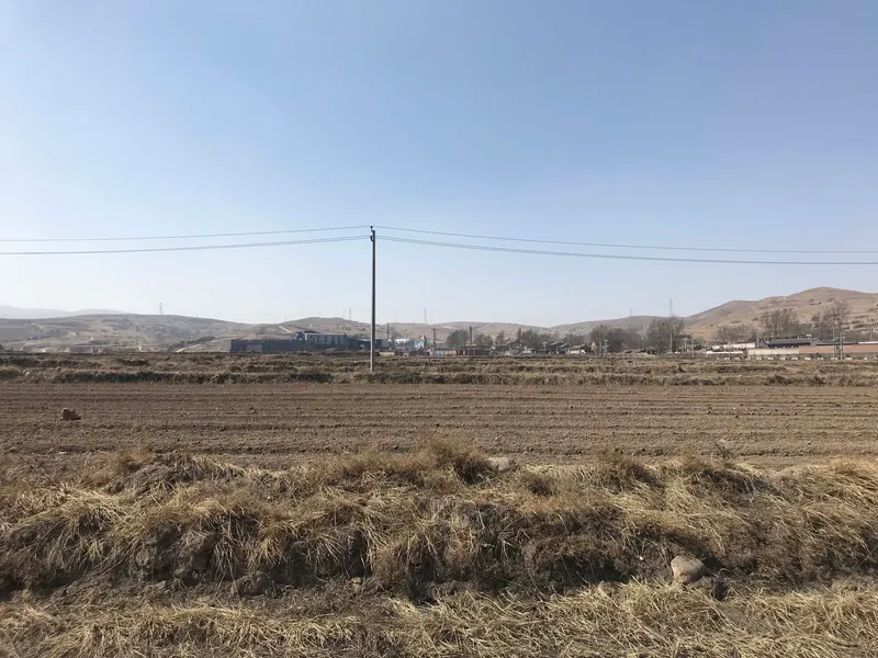 Distant view of the low-slung facility across bare agricultural fields under a winter sky