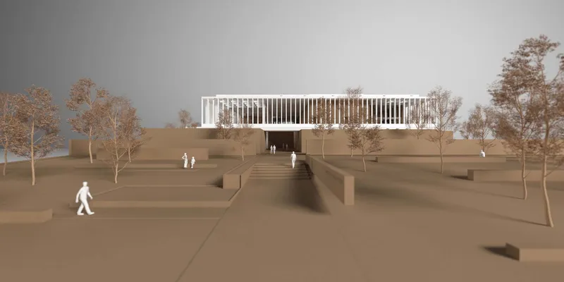 Rendering showing the elevated white volume with vertical louvers above terraced landscape with scattered trees and figures
