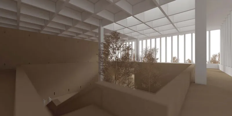 Interior view of the coffered ceiling above a curving ramp with vertical louvers framing planted courtyard