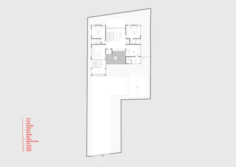 Floor plan drawing showing upper level with bedrooms, bathrooms, staircase, and extended outdoor terrace