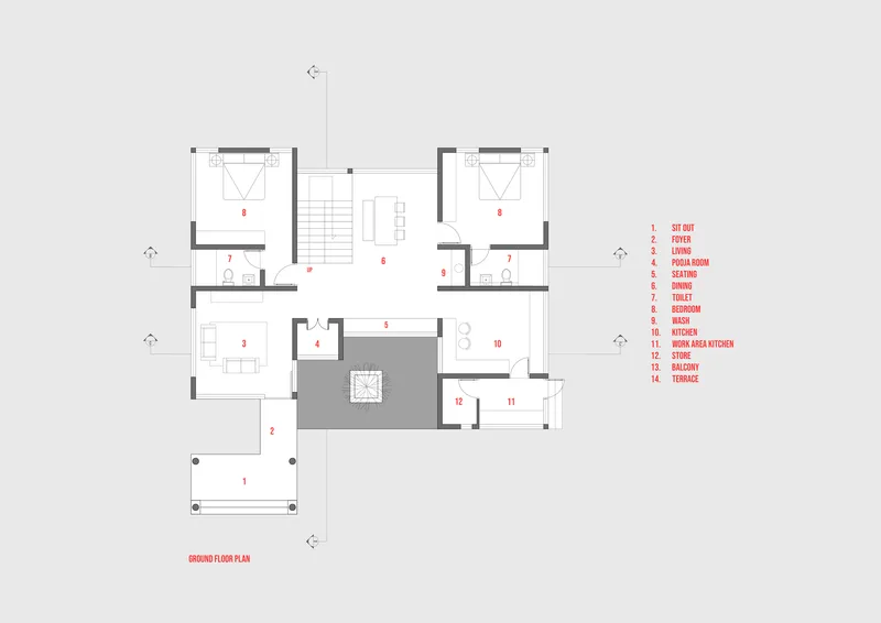 Ground floor plan drawing showing rooms arranged around a central courtyard with stairwell