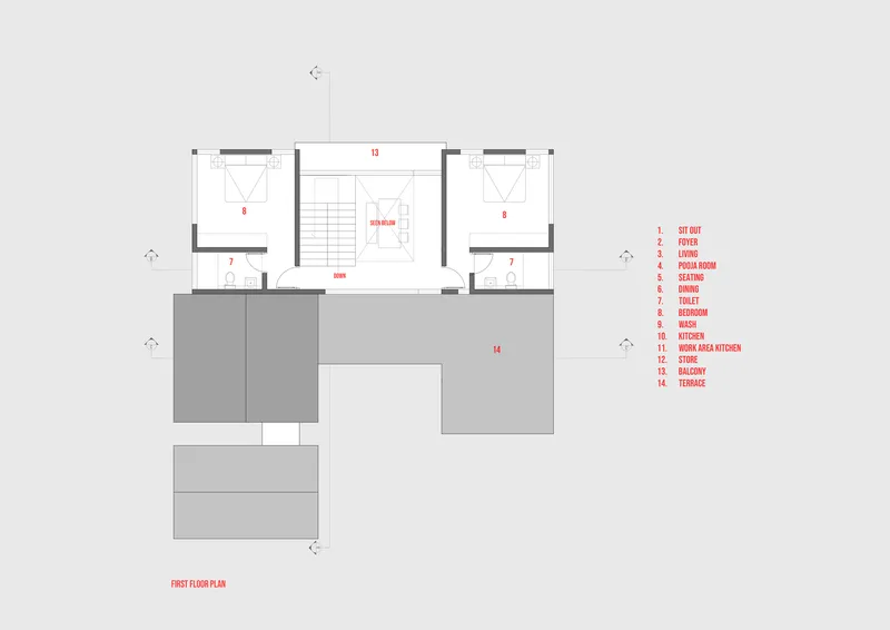 First floor plan drawing depicting two bedrooms flanking a central double-height space with terrace