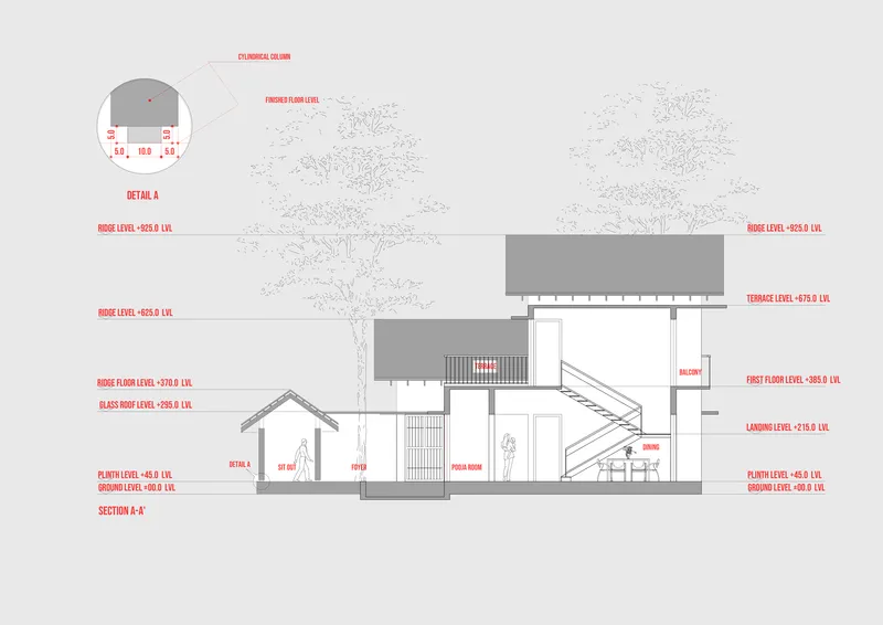 Section drawing revealing multilevel volumes with exterior staircase and surrounding trees