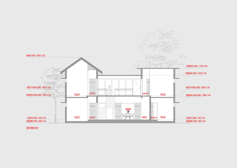 Section drawing showing the interior spatial arrangement across two floors with central stairwell