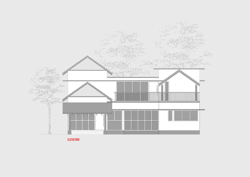 Elevation drawing of the facade with staggered gabled volumes and large glazed openings