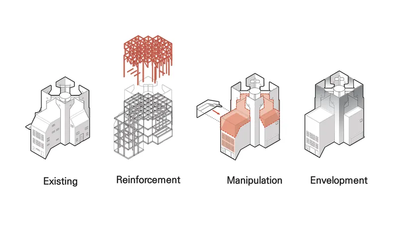 Axonometric diagram showing four stages of structural reinforcement and envelope application