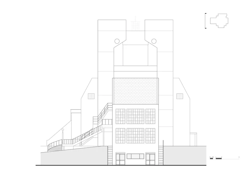 Elevation drawing showing the tower with side-mounted staircase and patterned screen openings