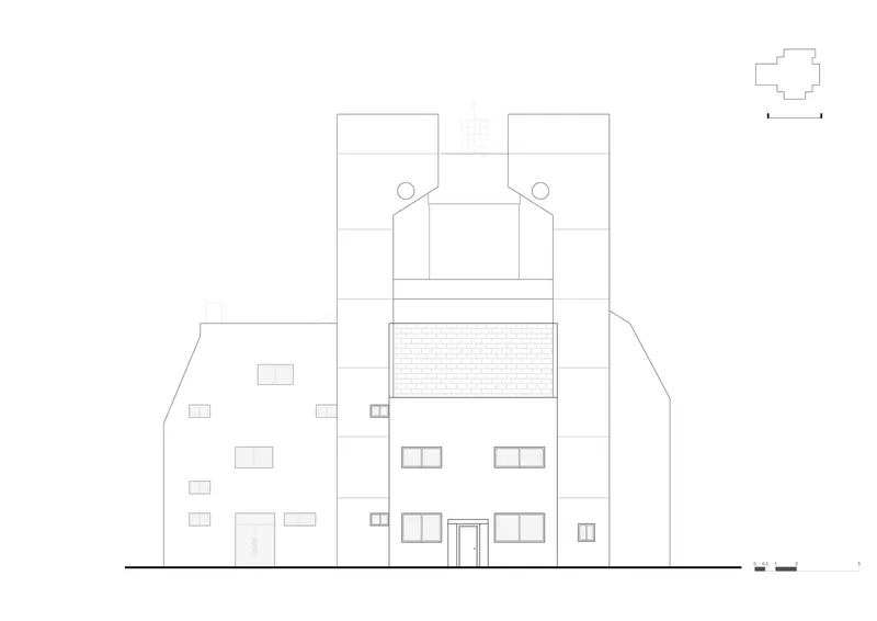 Elevation drawing depicting the tower and adjacent lower volumes with window openings