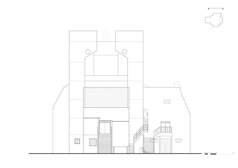 Elevation drawing showing a multi-story facade with central tower, brick band, and external stairs connecting volumes