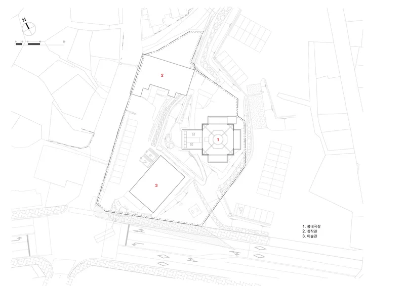 Site plan drawing showing the building footprint within its urban context with surrounding streets and structures