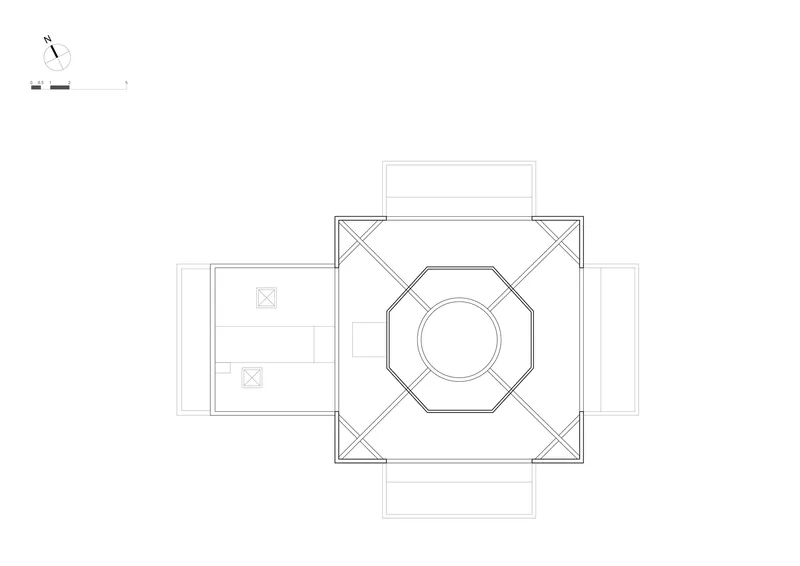 Floor plan drawing showing a square volume with an octagonal central space and diagonal bracing at corners