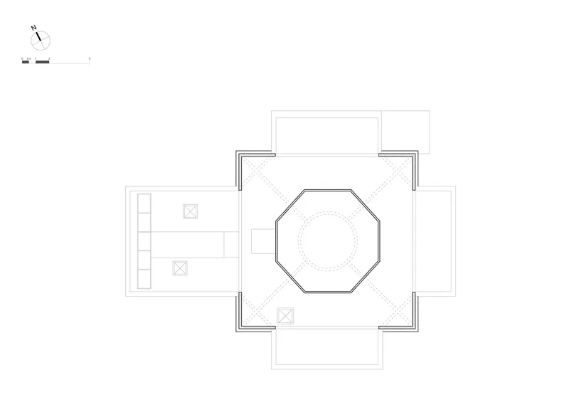 Floor plan drawing depicting an octagonal central hall with dotted structural lines and adjacent service spaces