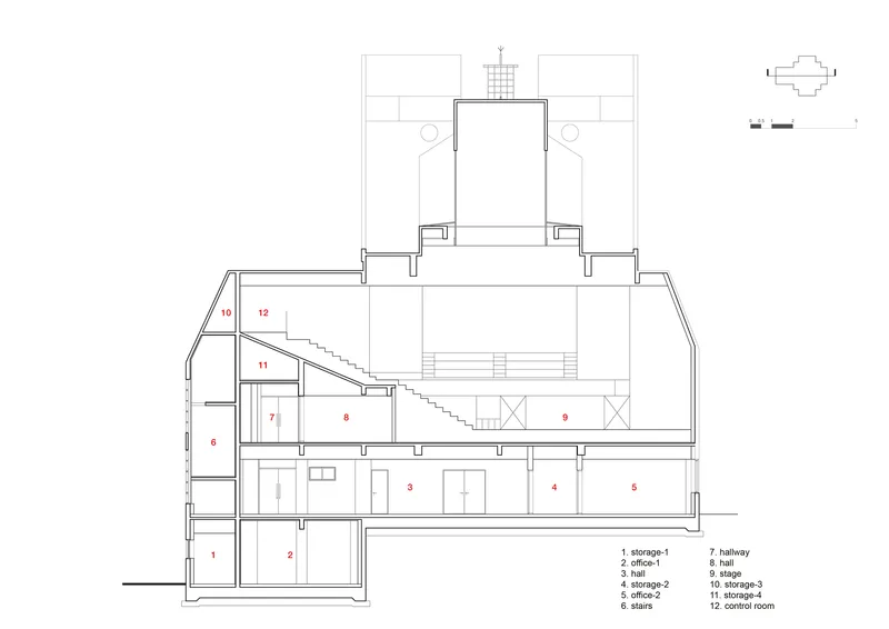 Section drawing cutting through multiple levels with a diagonal staircase and a rooftop tower element