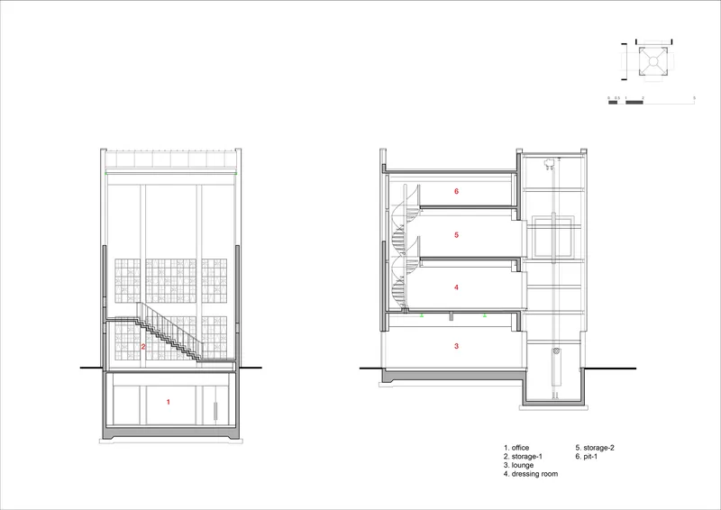 Two section drawings displaying the staircase circulation and stacked program spaces