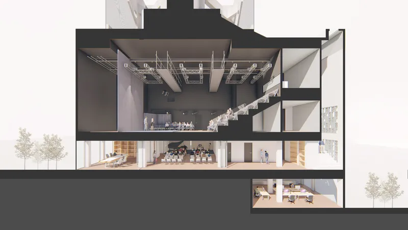 Rendered section cut through the theatre showing the main auditorium, stage rigging, and rehearsal spaces